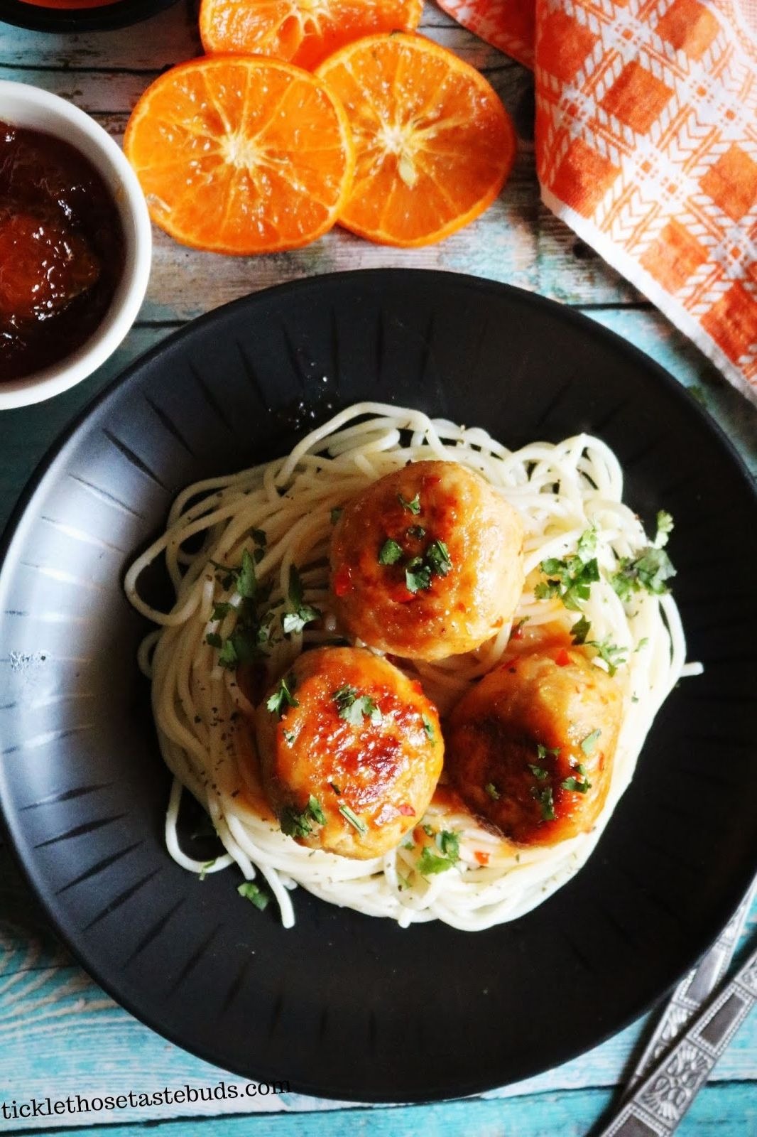 Orange Chicken Meatballs with Garlic Noodles